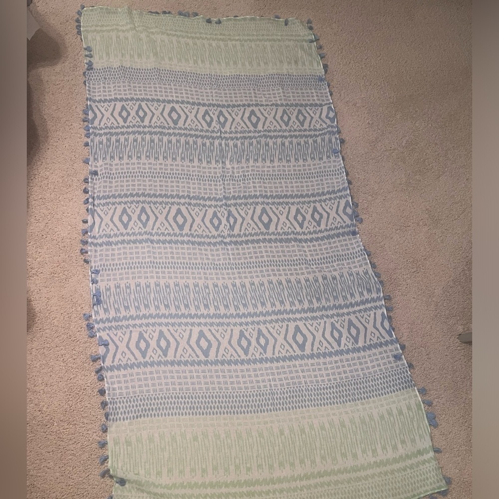 J. McLAUGHLIN Scarf Shawl Wrap Ruana Blue White Green Pom Pom Tassels New